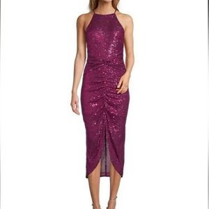 Badgley Mischka Sequin Halter Midi Dress in Berry